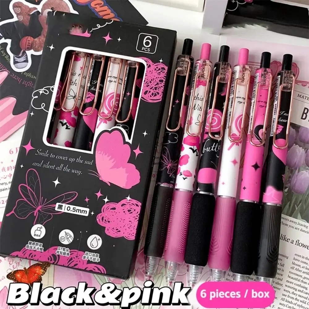 6PCS Kawaii Cute Press Gel Pen Pretty Aesthetic Good Looking 0.5mm Writing Pen Butterfly Series ST Nib Black Ink Pen