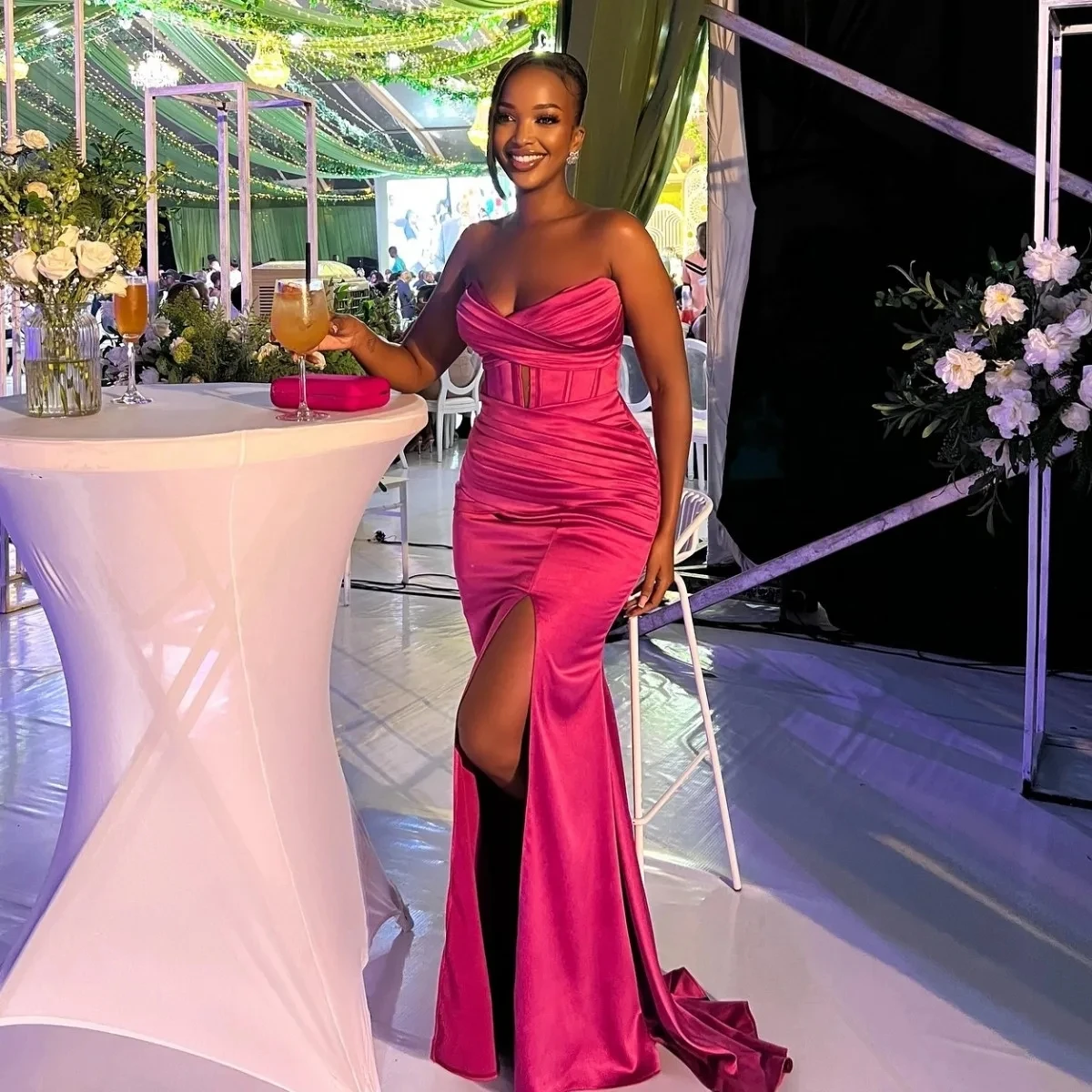 

Sexy Christmas Mermaid Prom Dresses For African Women Slit Women Wedding Party Gowns Hot Pink Birthday Evening Dress
