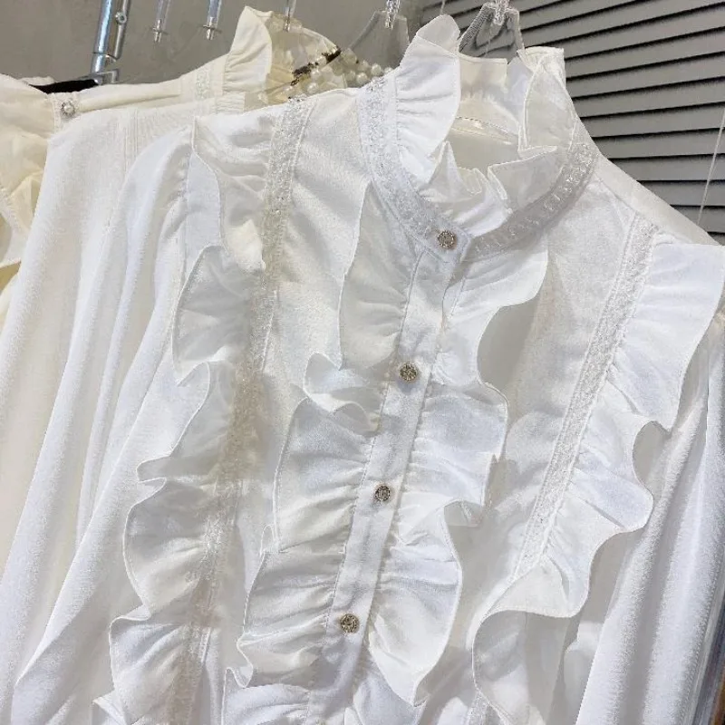 2026  Spring New Nail Bead Ruffle Edge Loose Temperament Commuting Shirt Court Style Chiffon Shirt Autumn Top Women's Clothing