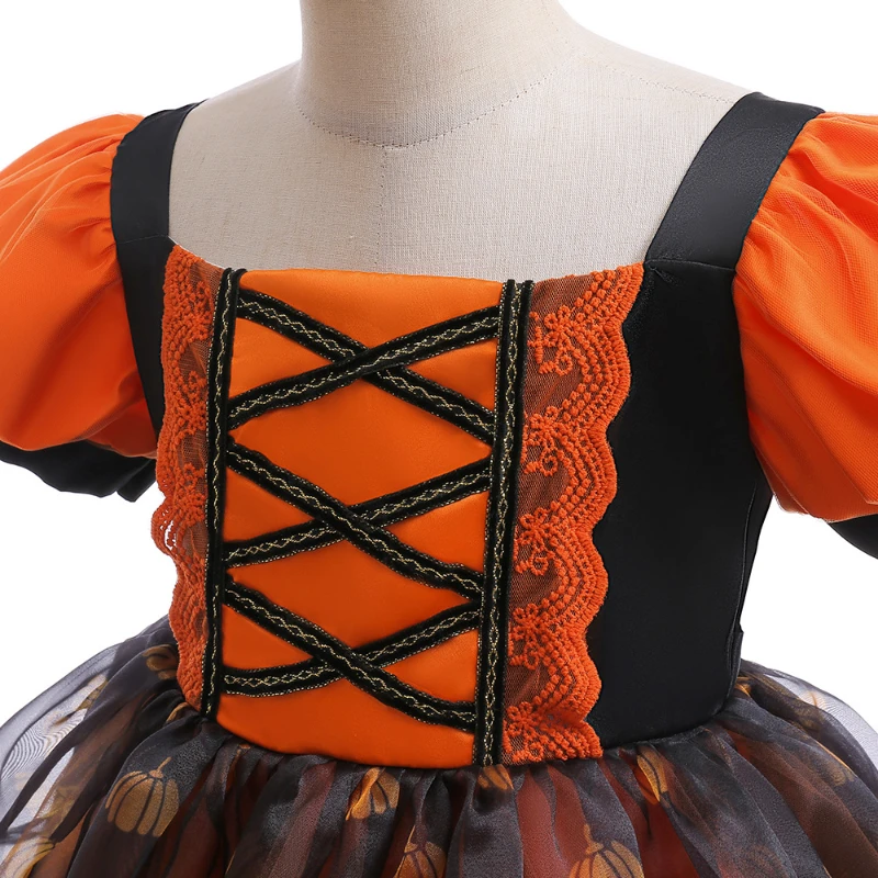 Déguisement de Sorcière de Princesse pour Fille, Manches à Bulles, Citrouille, Maille, Costume d'Halloween, ixde Carnaval, Ensemble Effrayant