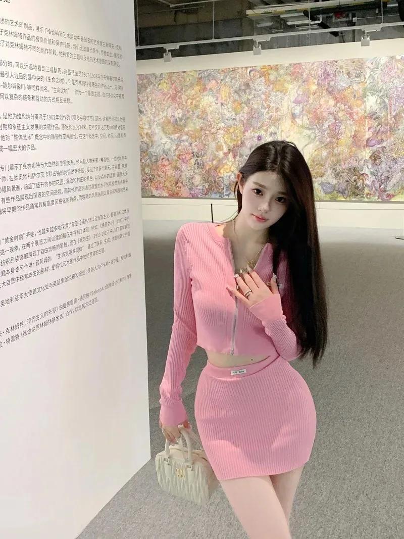 Sweet Peach Knit Top Wrap Hip Skirt Two Piece Set Women Korean O-neck Gentle Zipper Cardigan Spicy Slim Solid Fashion Chic Suit