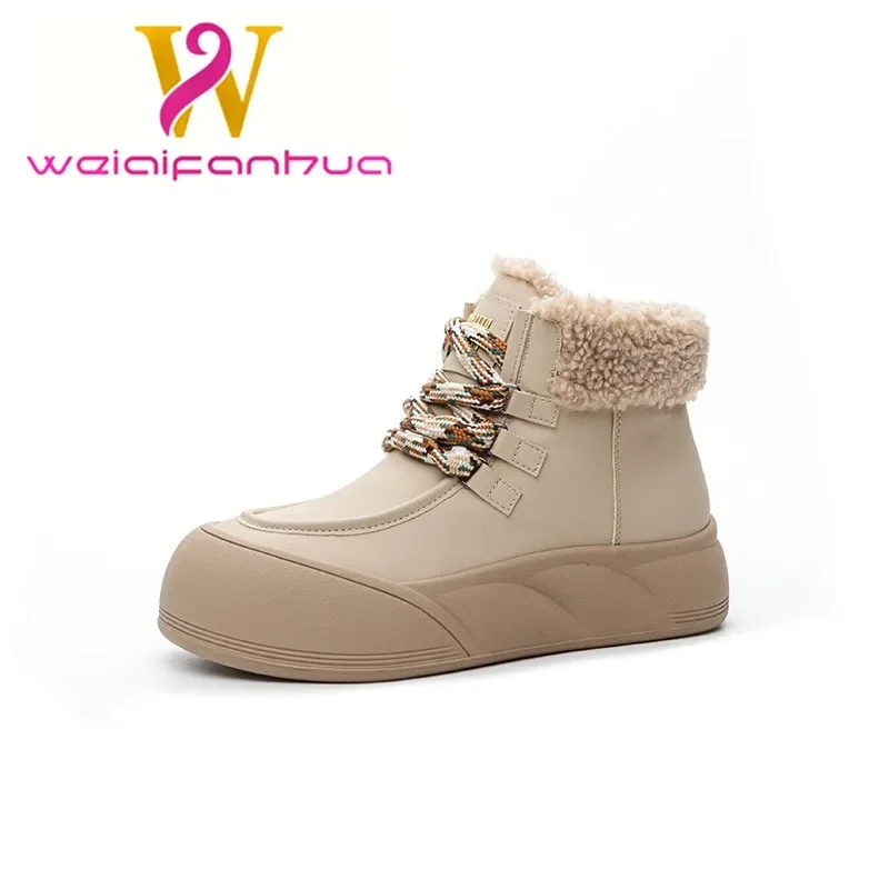 Large size women's shoes genuine leather lambwool platform soled snow boots women's2024winter style thickened cotton boots boots