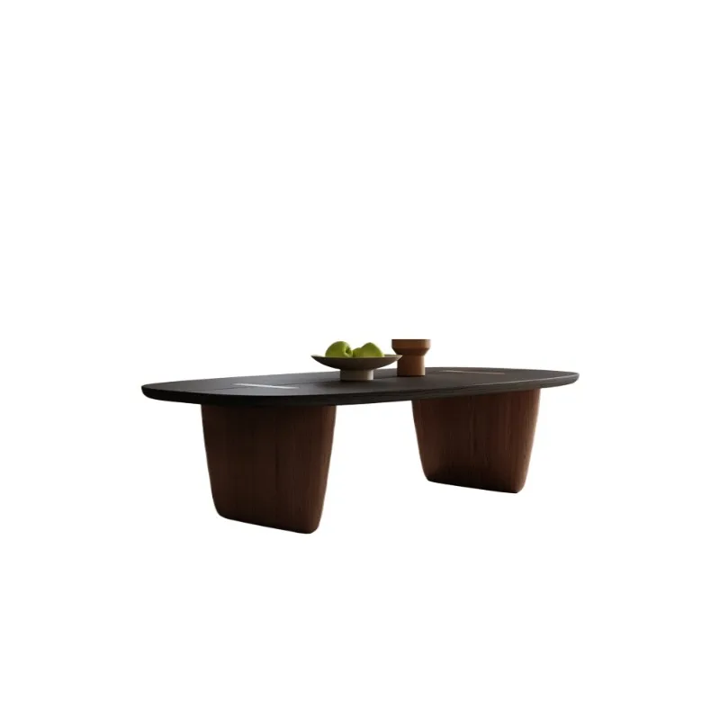 

Japanese solid wood coffee table living room household oval ash wood leather