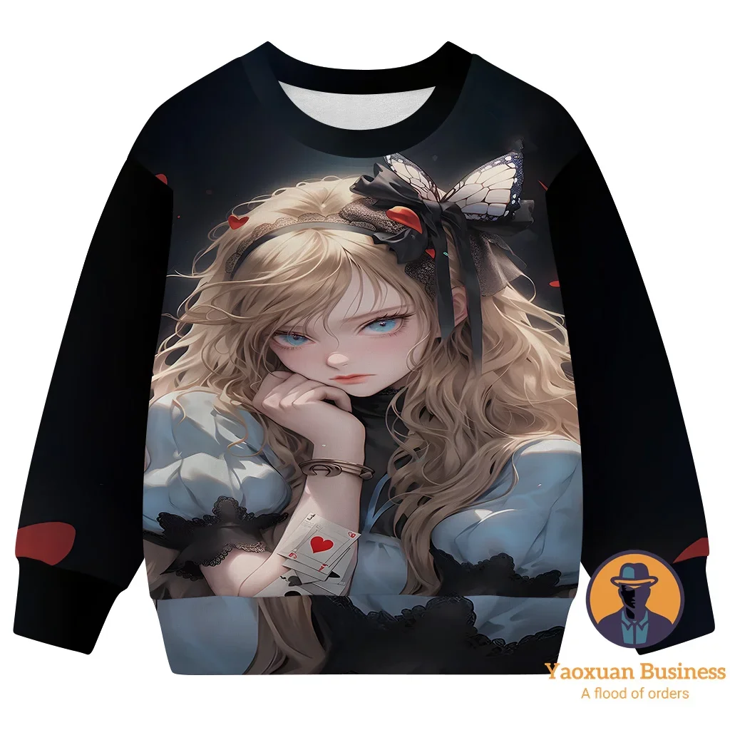 

Новое поступление 202, белый свитшот с круглым вырезом «Алиса в стране чудес» для мальчиков и девочек с 3D мультяшным принтом, милый ветрозащитный теплый осенний свитшот