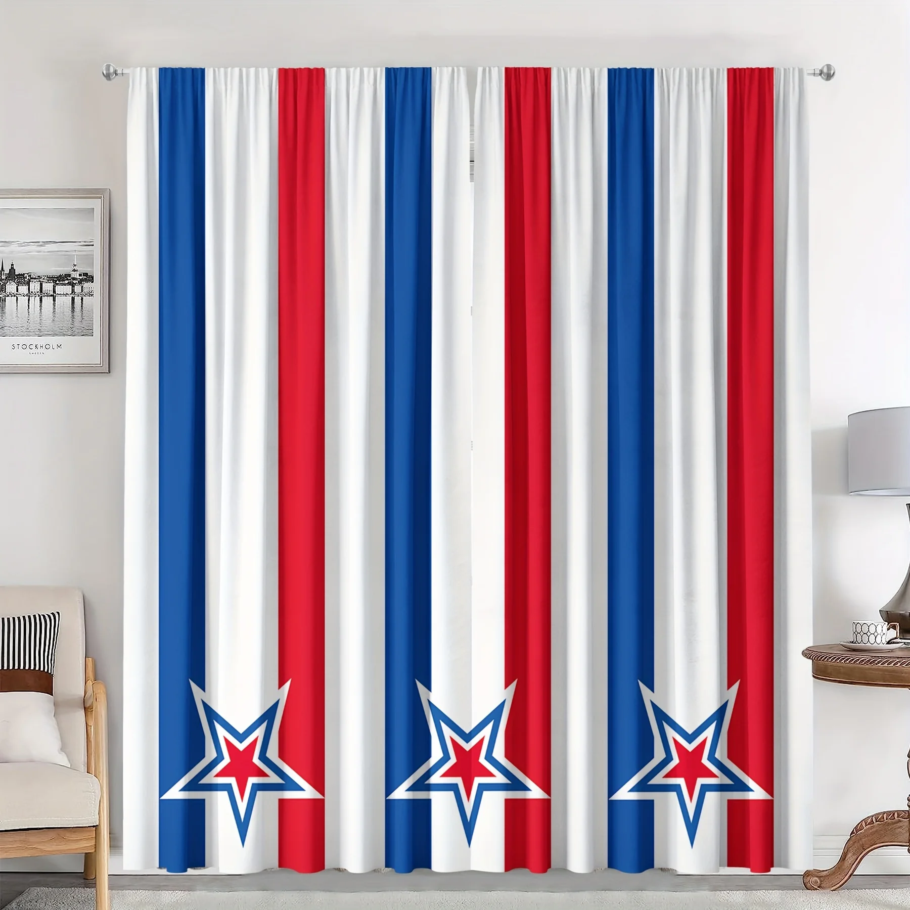 Red White Blue Striped Curtains Set of 2 Eyelet Polyester Light Filtering for Living Room Bedroom Decor