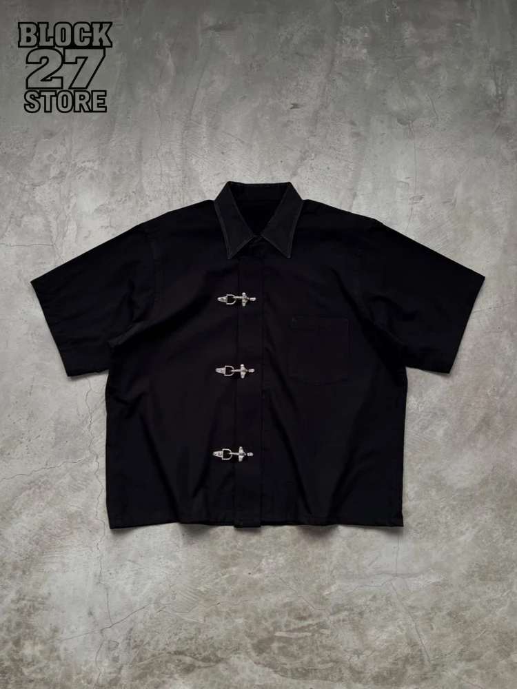 Mens Polo Shirt Harajuku American Vintage Streetwear Solid Color Buckle Detail Dark Style Short Sleeve Summer Casual Fashion New