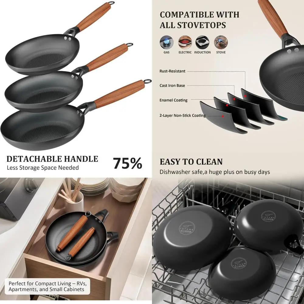 

Ceramic Nonstick Frying Pan Set - 8, 10, 12 Inch Pans with Removable Handle and Pre-Seasoned Cast Iron Cookware for Dishwasher S