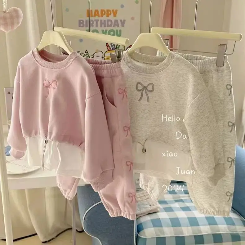 

Girls Sweet Sets Children Fashion Long Sleeve Suits Spring Autumn Fashionable Motion Bow Pullover+Pants 2Pcs Outfits