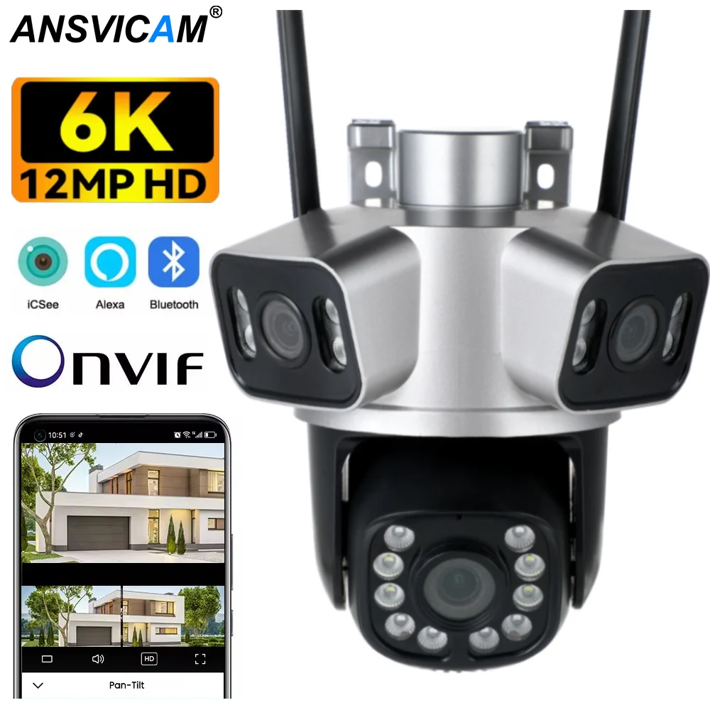 6K 12MP 3 Lens WiFi Outdoor Camera Ai Motion Tracking  Zoom PTZ 4K Video Camera Security Surveillance Camera ICSEE Video