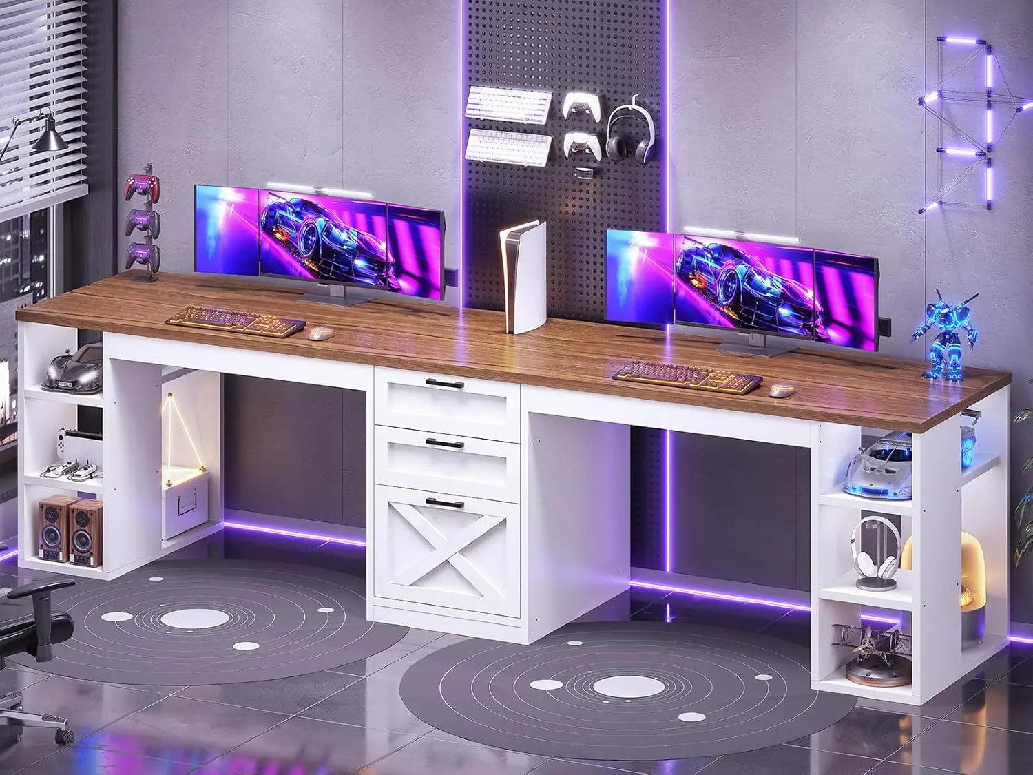 مكتب كمبيوتر مزرعة مقاس 96.5 بوصة مع أدراج، مكتب منزلي لشخصين، مكتب ألعاب مزدوج مع أرفف تخزين (أبيض وبني)