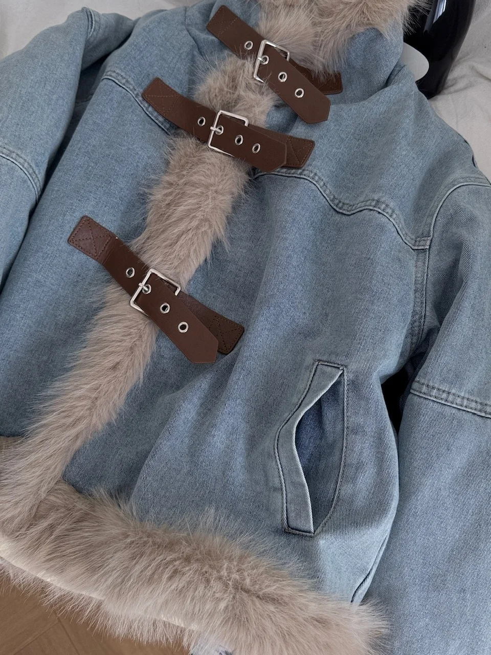 

Корейский свободный джинсовый топ на подкладке Sle Fce, женский модный осенне-зимний теплый топ с пушистым воротником в стиле пэчворк