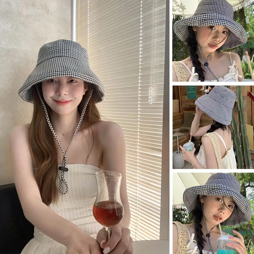 

Черно-белая клетчатая рыбацкая шляпа с большими полями, регулируемая длина, модная дышащая легкая складная шляпа от солнца