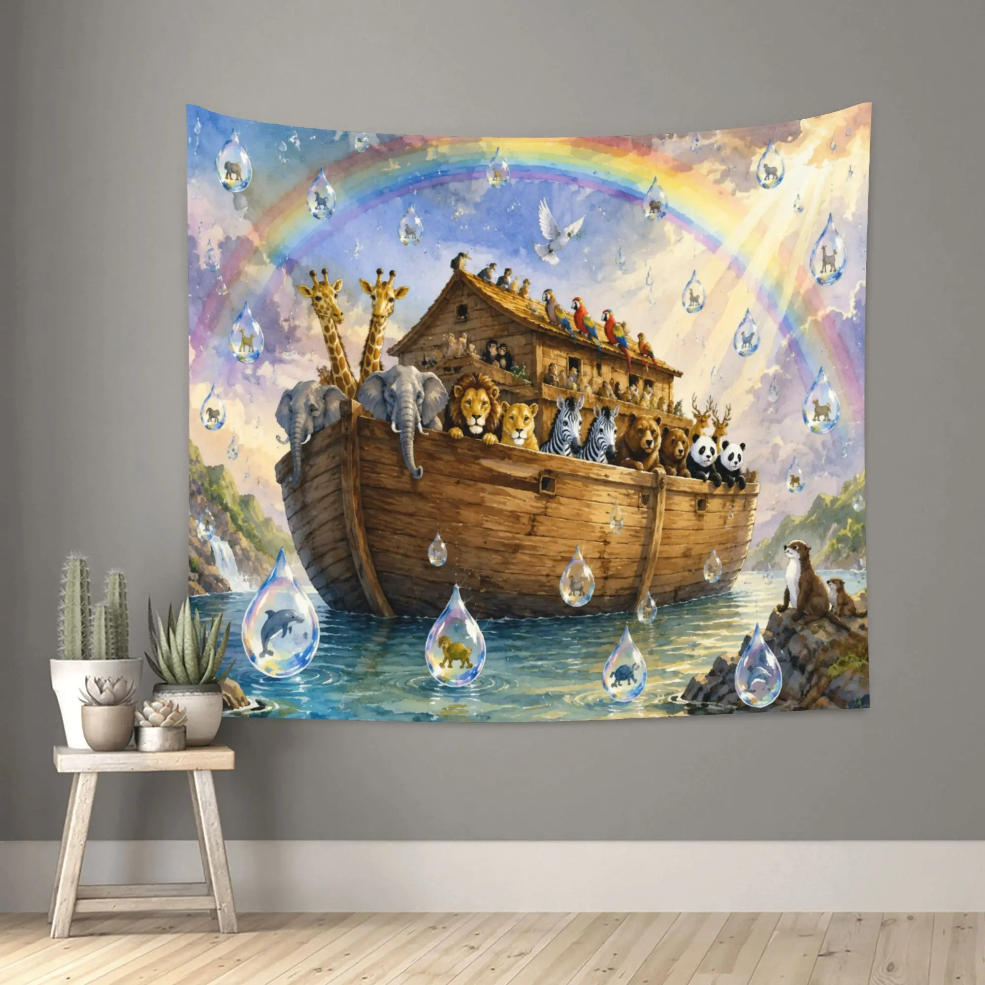 Tapiz Decorativo para Habitación Infantil con Diseño de Animales de la Selva, Arcoíris, Safari, Barco Familiar, Decoración de Pared para Cuarto de Niños