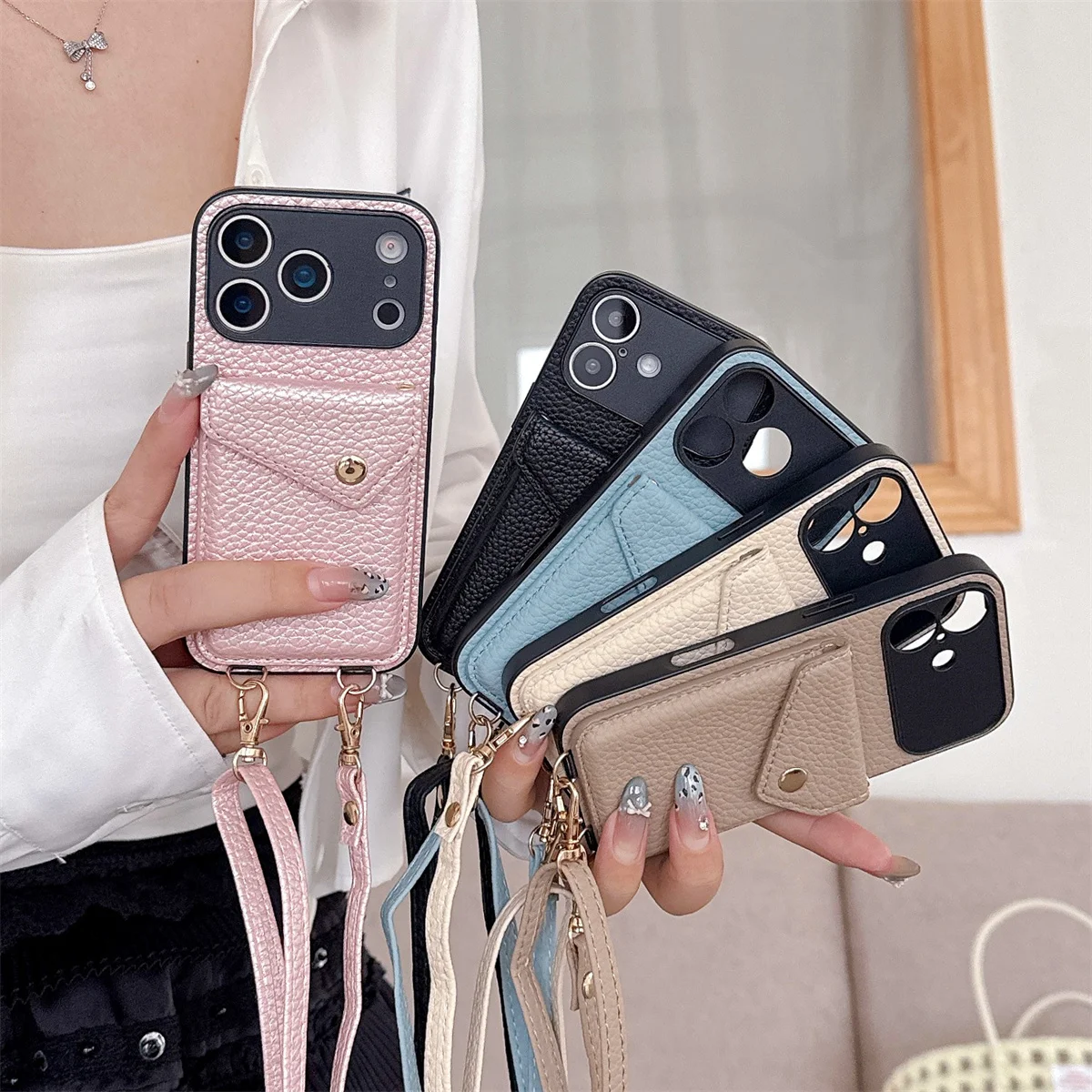 Crossbody Strap Lanyard Wallet Leder Handyhülle für IPhone 17 Air 16 15 14 Plus 13 12 11 Pro Max Kartenhalter stoßfeste Abdeckung