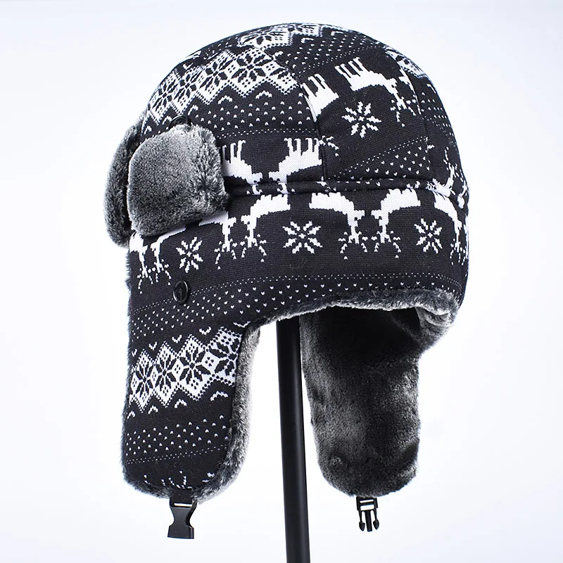 Winter Earflap Hat Woman Men Ushanka Faux Fur Snow Cap 2024 Autumn Russian Christmas Deer Snowflake Print Ski Bomber Hats Black