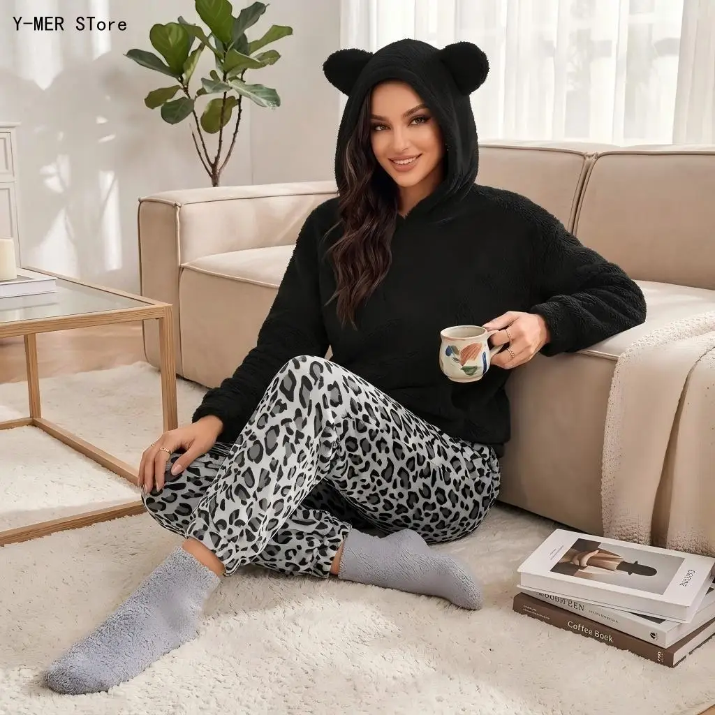 Women Panda Ear Hooded Fluffy Loungewear Set Leopard Print Top Elastic Cuff Pants 2Pcs Thick Coral Fleece Warm Home Pajamas
