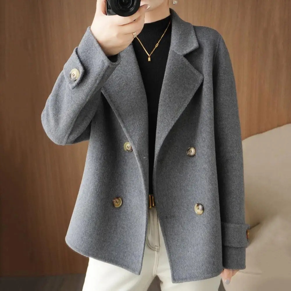 Short Double-breasted Woolen Coat Korean Fashin Ladies Jacket Buttons Lapel Notch Collar Long Sleeve Casual Trench Coat Outwear