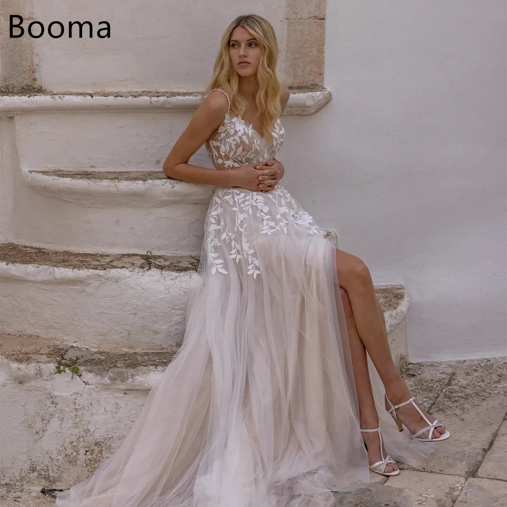 

Booma A-Line Spaghetti Strap Side Split Lace Appliques Elegant Wedding Dresses Sleeveless Brides Gown Custom Made 2025