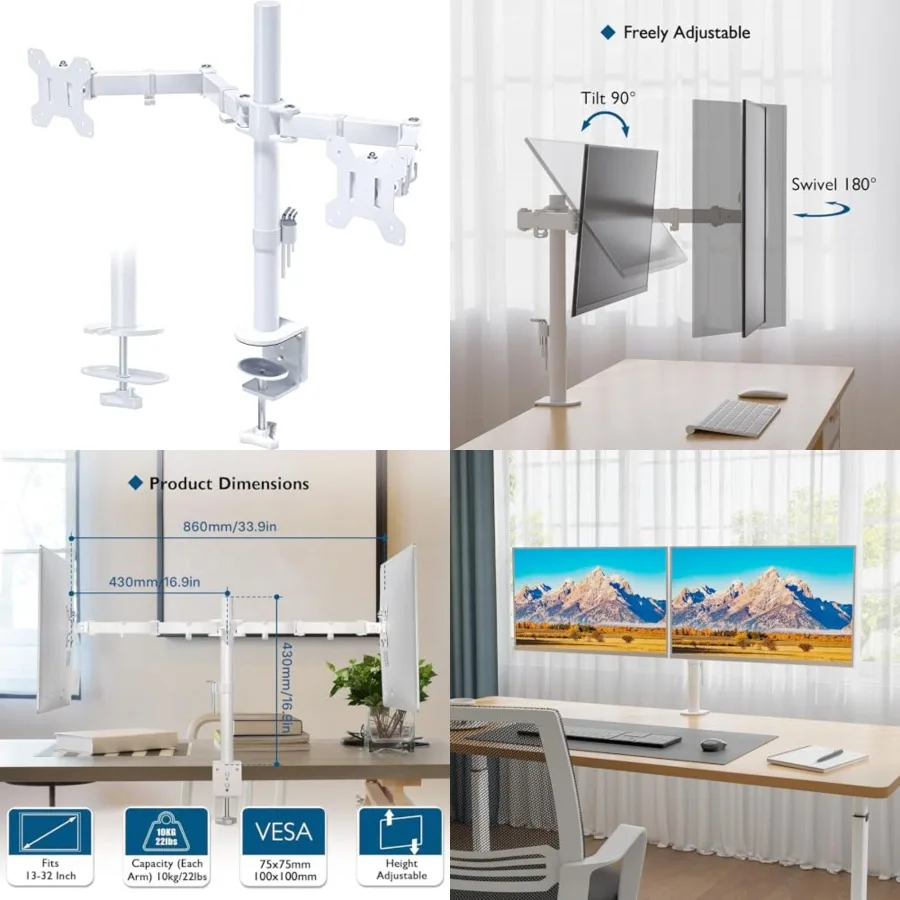 Dual Monitor Desk Mount, Full Motion Adjustable White Monitor Stand for 1327 Inch Screens, Heavy Duty Arms Hold 22 lbs Each, VESA 75x75/100x100, C Clamp and Grommet Base, Cable Management