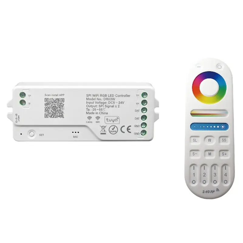 

A84X-DR03W TUYA SPI WIFI RGB LED контроллер-диммер, совместимый с Google Alexa, беспроводное управление по Wi-Fi для RGB LED лент