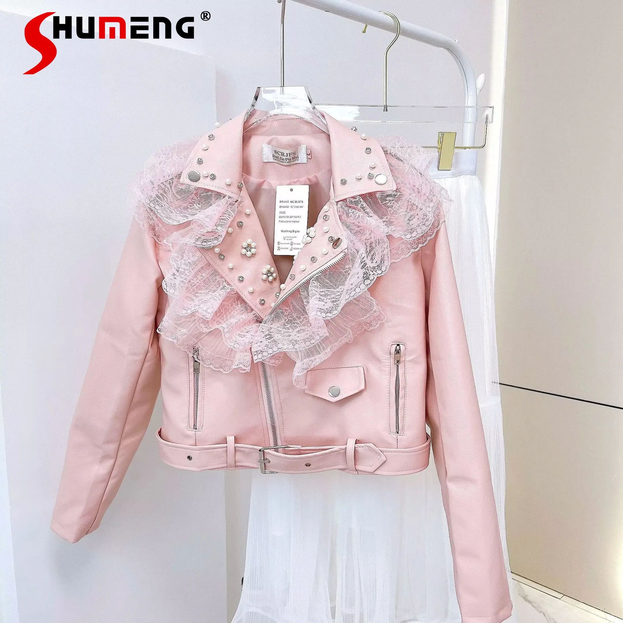

Fashion Sweet Cool Motobiker Girl Short PU Jacket Lace Splicing Bead Straight Zipper Versatile Casual Jackets Tops Women Spring