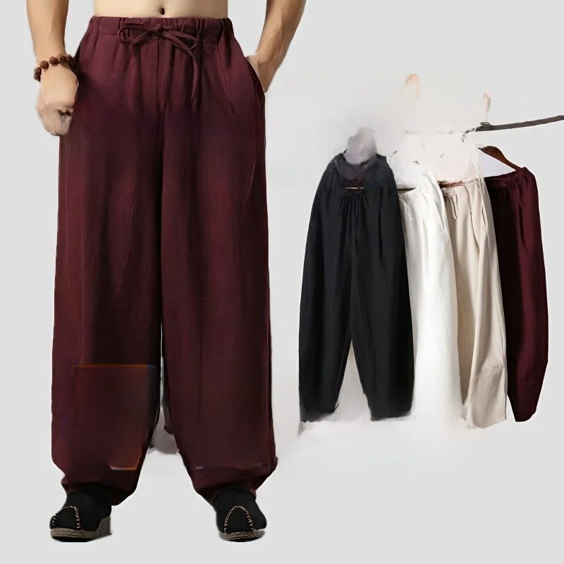 

Loose Cotton Linen Men's Sport Pants Summer Wide Leg Elastic Waist Practice Lantern Pants Comfortable Casual Trousers