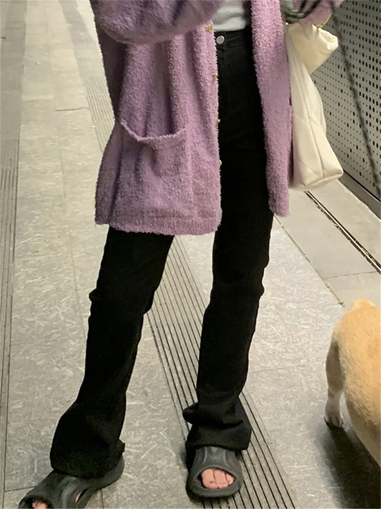 

High Waist Flared Jeans Women's Autumn Winter Long Tapered Ankle-grazing Bootcut Deep Blue Color Straight Leg Zipper Closure