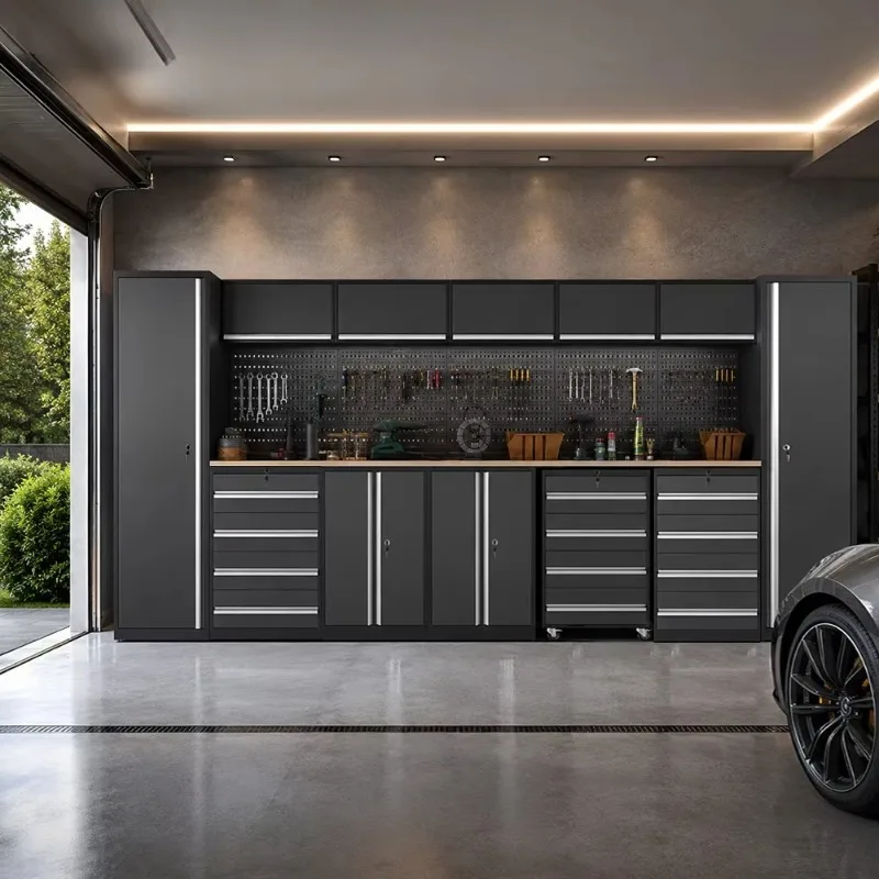 Professional Modular Garage Cabinet System Heavy Duty Steel Workshop Storage Workbench With Mobile Rolling Tool Cabinet