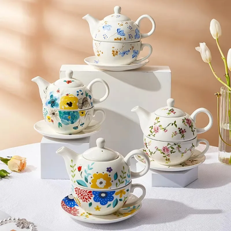 Ceramic stackable teacup and teapot set, can accommodate one person, large-capacity flower porcelain teacup with saucer