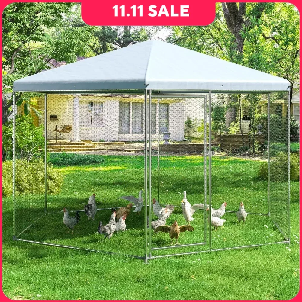 

13.1x13.1x8.6 Ft Chicken Coop, 6/10 Chickens, Walk in Chicken Coops, with Waterproof & Anti-UV Cover, Hexagonal Chicken House