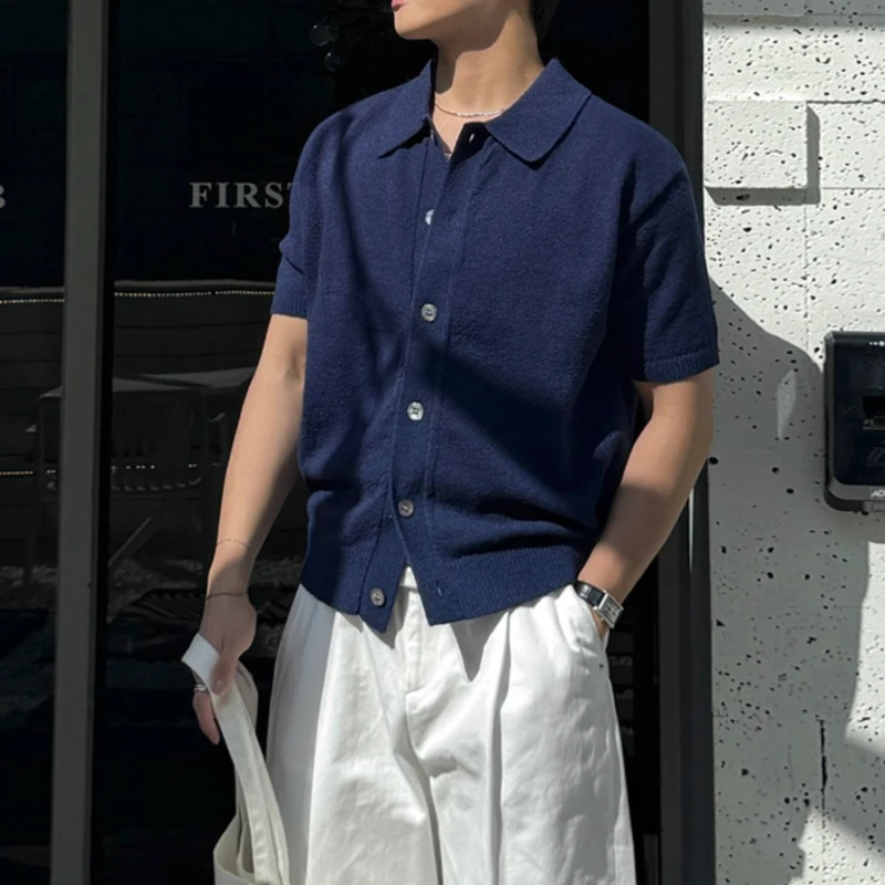 

Knitted Short Sleeve Cardigan Men's Summer Slim Fit Lapel T-Shirt Top Wear