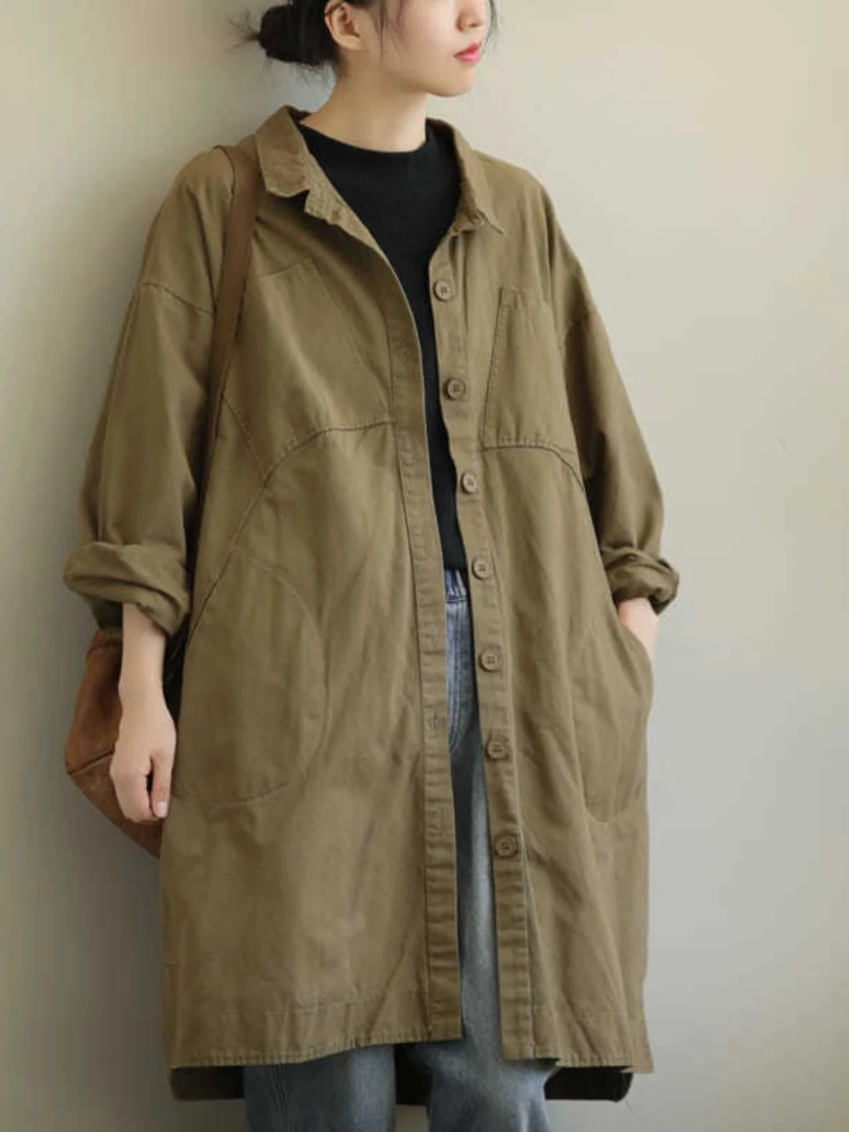 Loose Artistic Long Sve Coat Autumn New Sle Turn-down Collar  Color Mid-length Casual Versatile Windbreaker Trendy