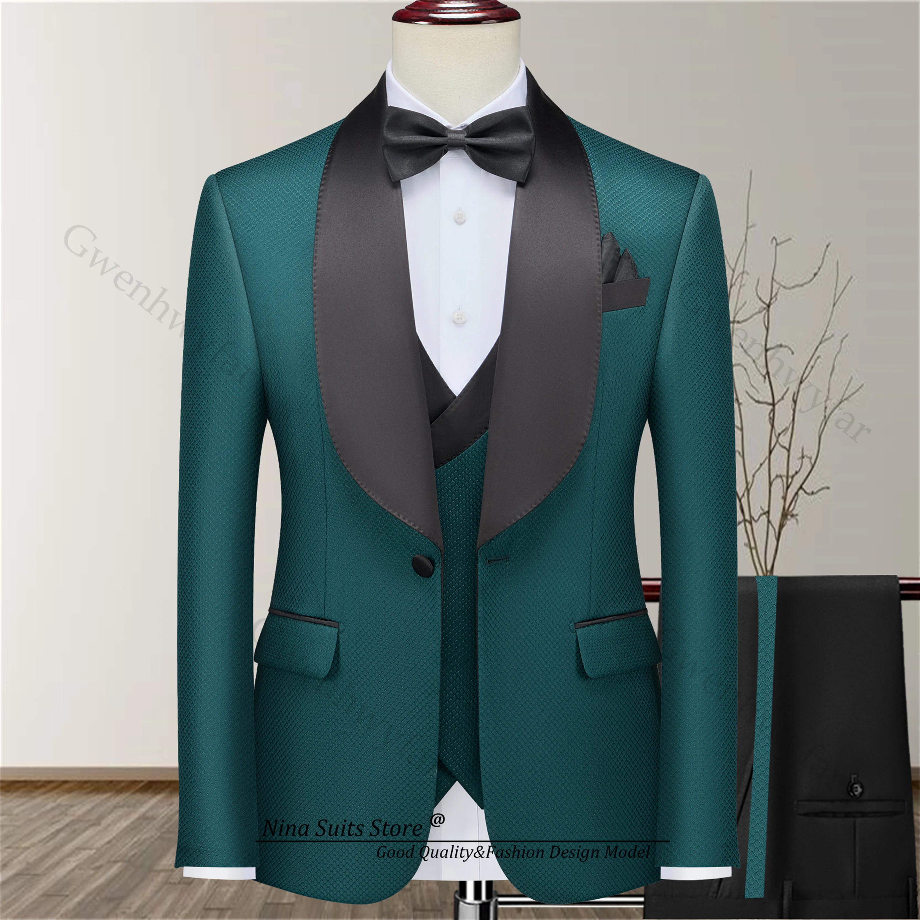 Gwenhwyfar 2026 New Men's Check Jacquard Suits Bridegroom Wedding Suit Jacket Vest Gold Yellow Wine Red Navy White Pants Black