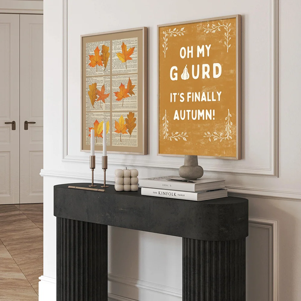 Simple Autumn Fallen Leaves Wall Art Canvas Poster 2pcs, Pumpkin Harvest Season, Home Decor for Living Room and Dining Room