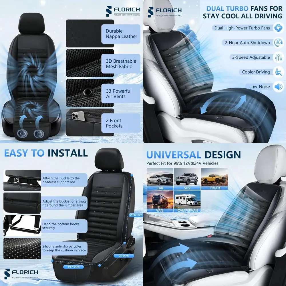 

Охлаждающий чехол на автомобильное сиденье, вентилируемая подушка сиденья 12 В-24 В, охлаждающая подушка для автомобильного сиденья для летнего вождения с 2 мощными турбовентиляторами, 3 скорости