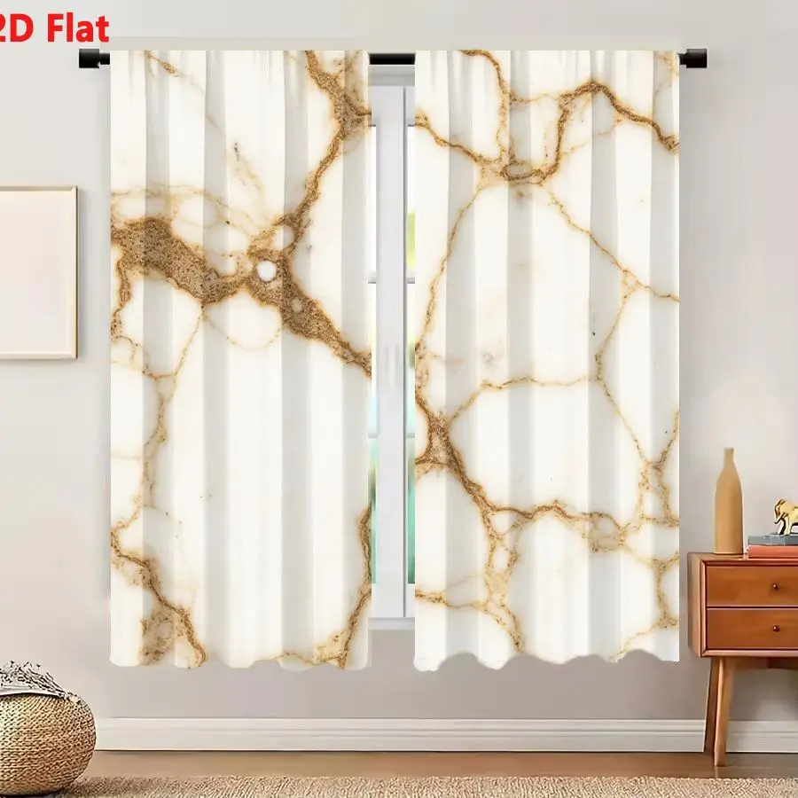 2Pcs Curtains 2D Flat White Base Beige Veined Marble Surface with Natural Organic Patterns and Small White Mineral Inclusion Win