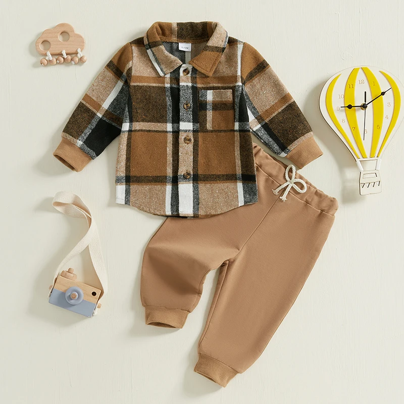 

Kids Baby Boy Autumn Clothes Outfits Plaid Print Long Sleeve Shirt and Elastic Pants 2 Piece Sets for Toddlers 0-5Years