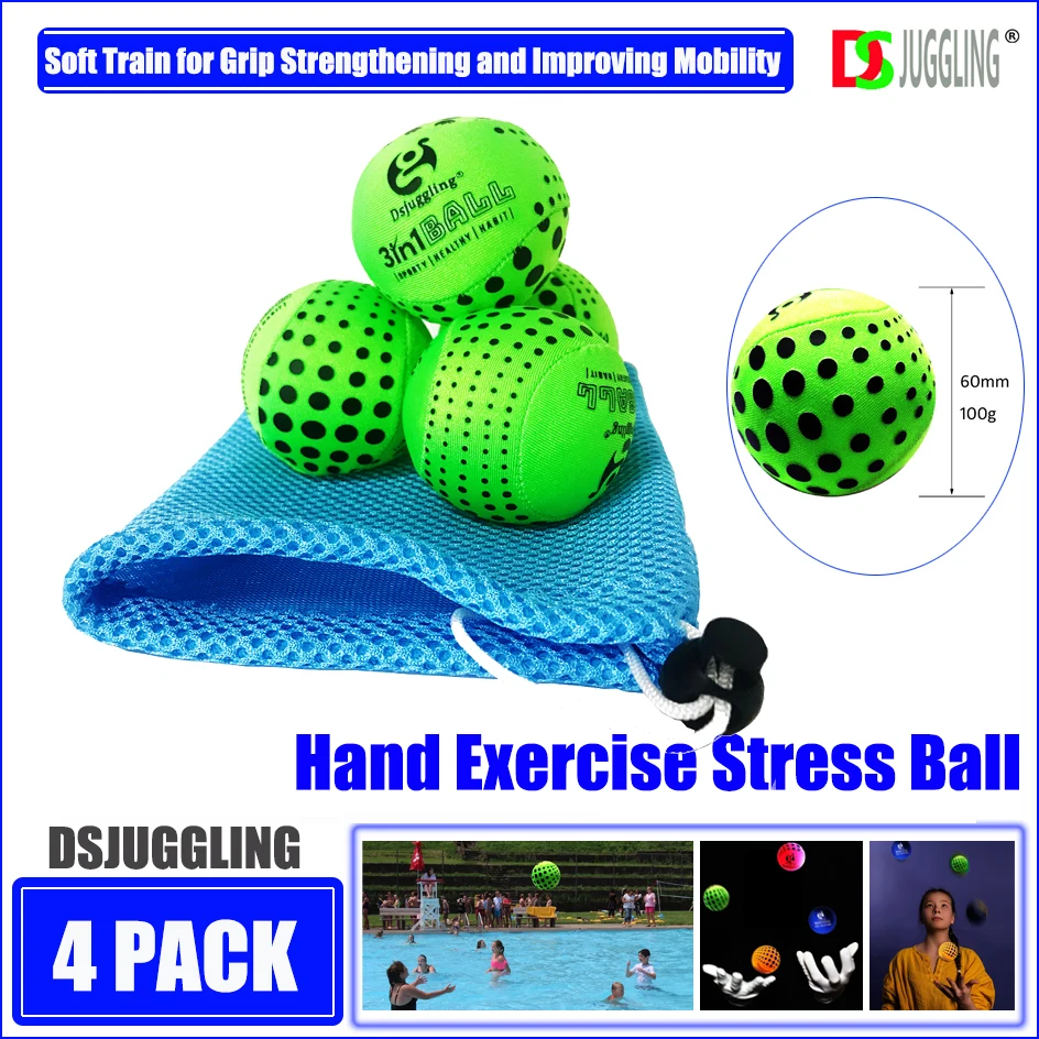 

BBDS4 Hand Exercise Stress Ball Set 4 Pack Green Soft Train for Grip Strengthening and Improving Mobility, Contact Juggling