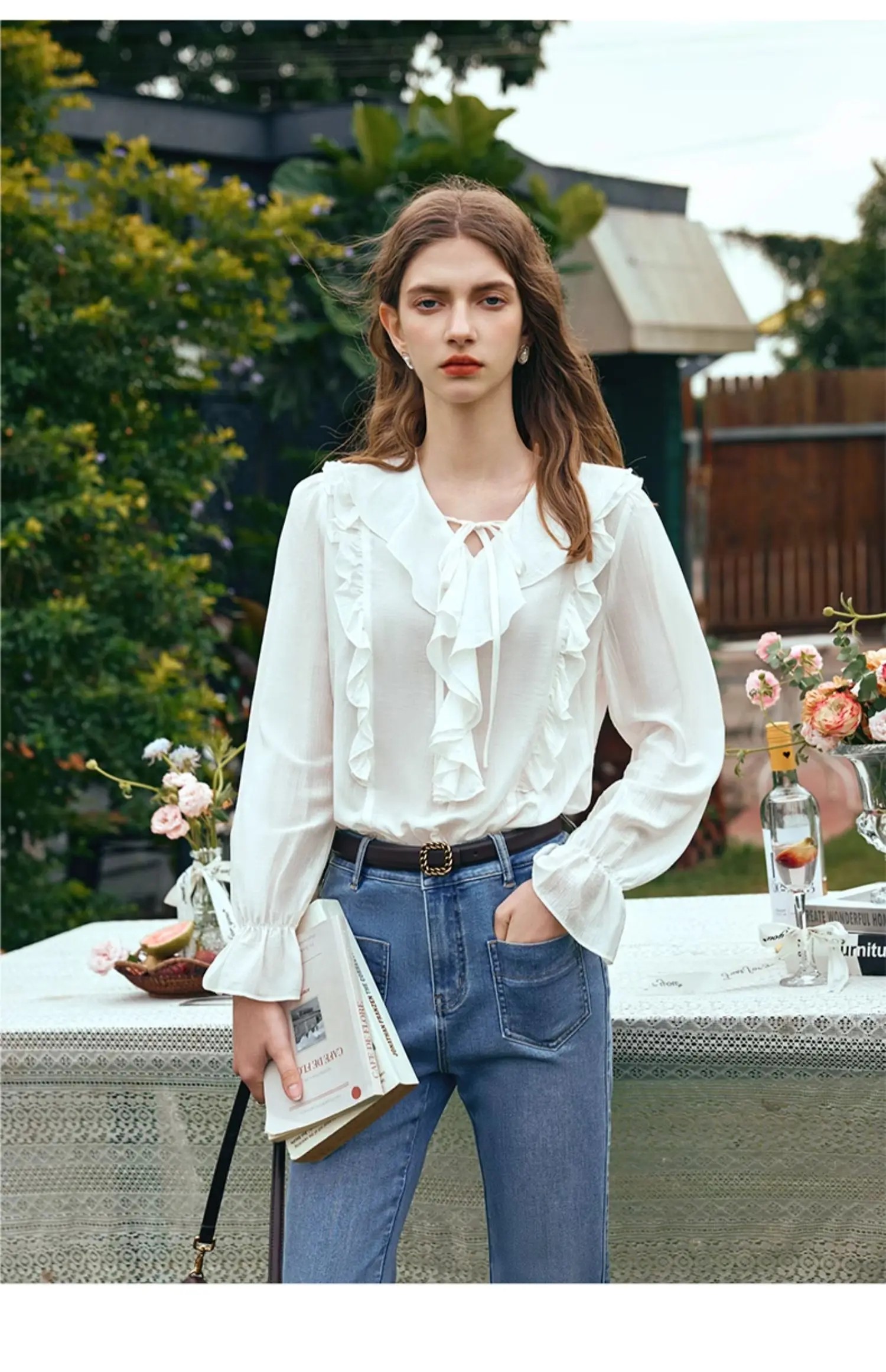 

OLrain Chiffon Shirts Women autumn 2025 New Long Sleeves Blouses Solid Ruffle V-neck Loose Knitted Female Clothing G24CX89982