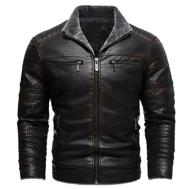 Men\'s Faux Leather Jacket High Quality Casual Zipper Fleece Warm Coats Vintage Motorcycle 2023 New Leather Jacket for Men S-4Xl