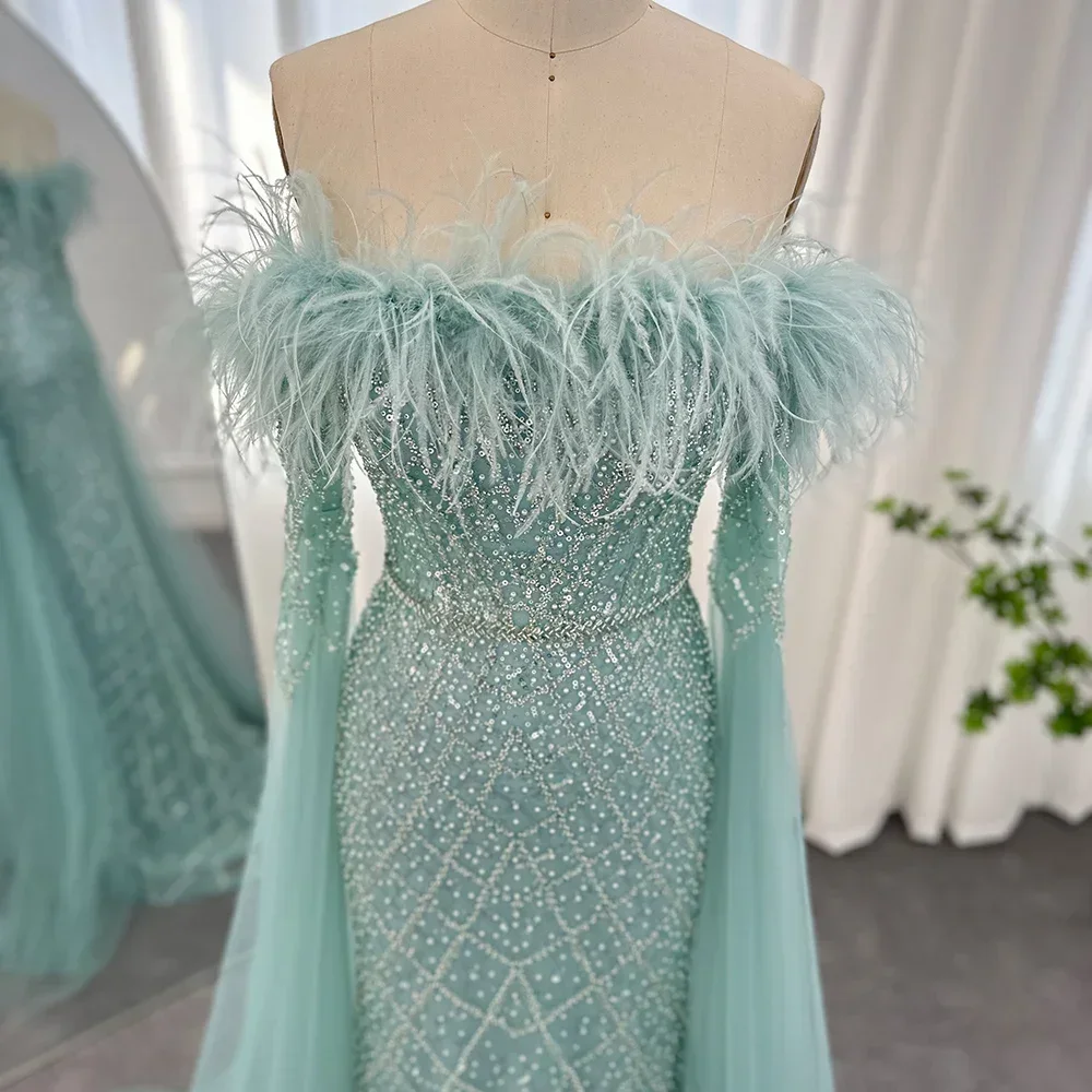 Chic Feather Sequined Evening Dresses with Cape Sleeves Fashion Strapless Tassel Mermaid Gowns Sweep Train Prom Party Dresses