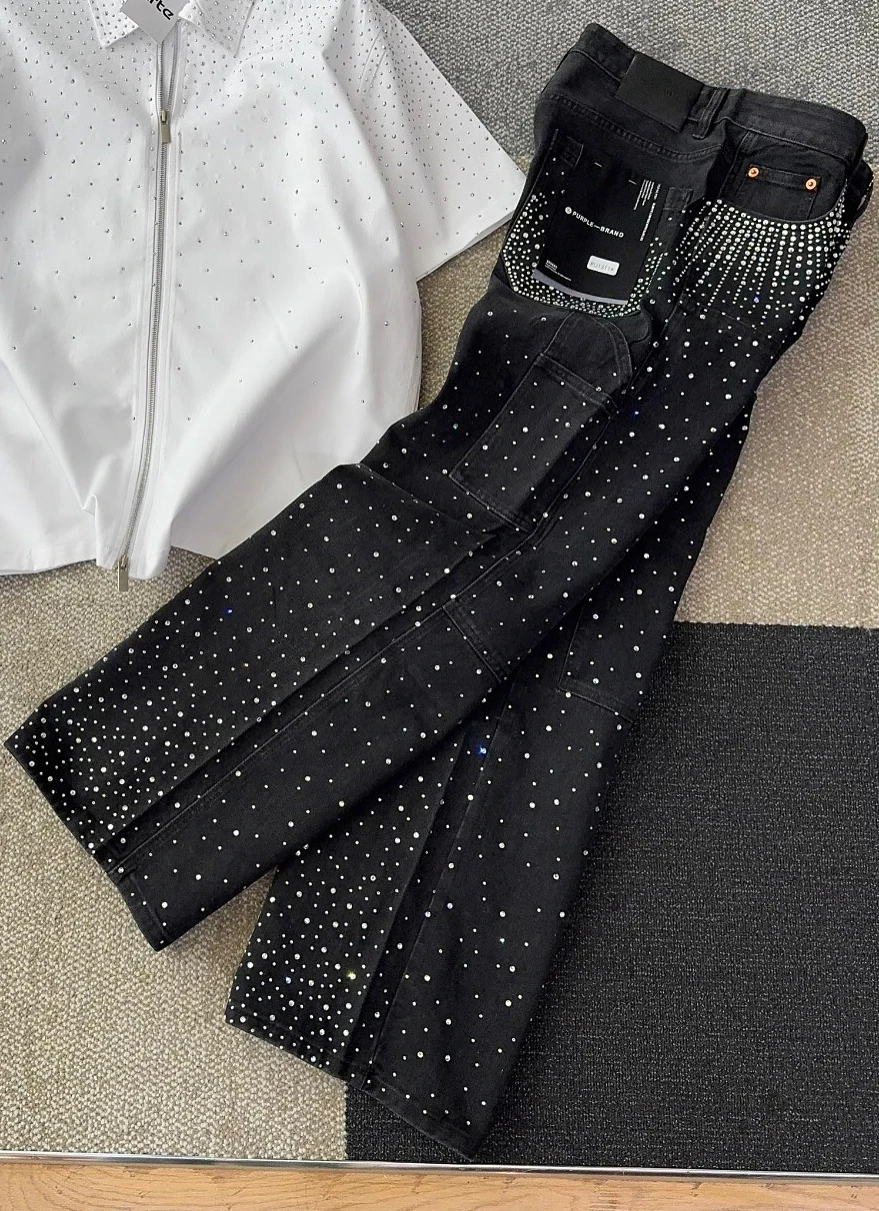 

Harajuku Hip Hop Streetwear Hip Hop Rhinestone Sequin Jeans Y2K Clothes Mens Womens Baggy Jeans Low Waist Wide Leg Trousers