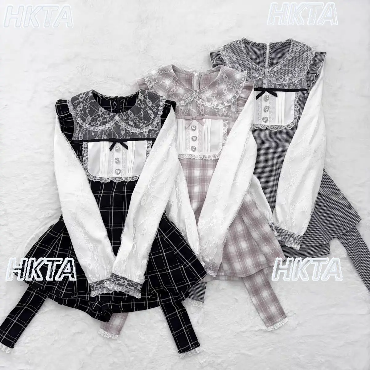 

Японский массовый производство, милый кукольный воротник Лолиты, кружево с длинным рукавом, тонкие черно-белые клетчатые платья, шорты, комплекты из двух предметов для женщин