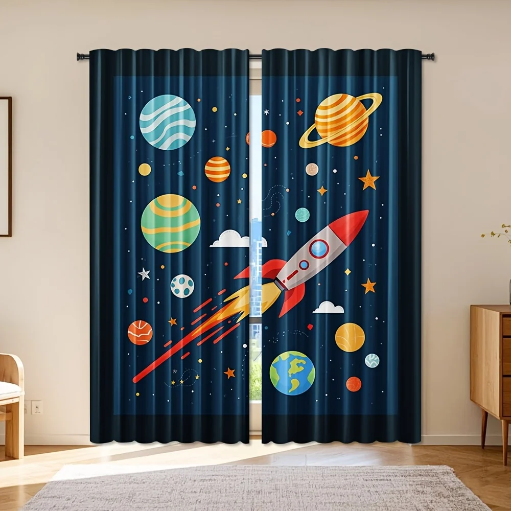 Cartoon Space Rocket Curtains 2 Panels, Colorful Planets Earth Saturn Star Dark Blue Galaxy Background for Kids Bedroom Curtain