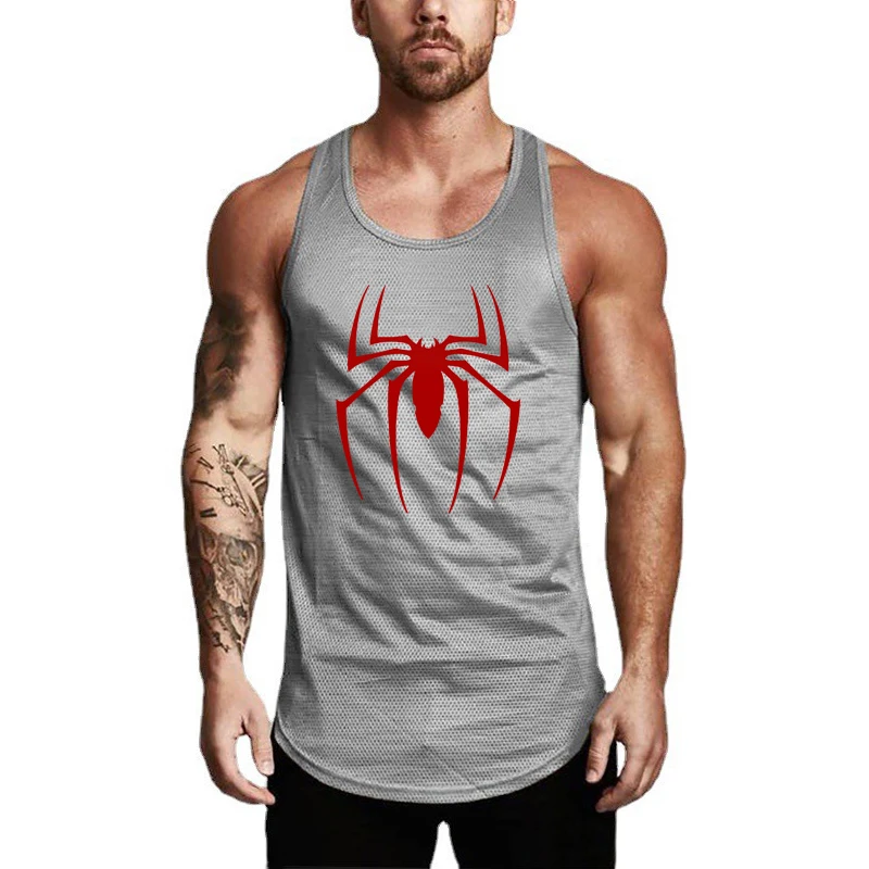 Red Spider Printed Gym Workout Bodybuilding  Mesh Quick Dry  Vests Mens Workout Fitness Slim Fit Sleeveless Tank Tops T-shirt