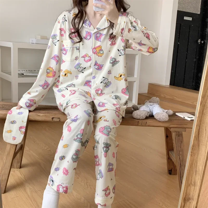 

Новые пижамы Kulomi, осенние пижамы из чистого хлопка с героями мультфильмов, длинные комплекты из двух предметов с длинными рукавами, повседневные женские пижамы, комплект домашней одежды Sanrio