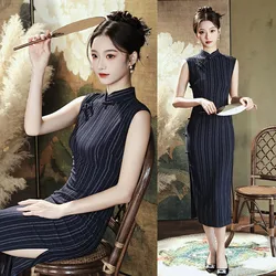 Women's 2024 New Old Shanghai Chinese Tradition Cheongsam Qipao Retro Lady Cotton Linen Sleeveless Daily Dress Street Skirt