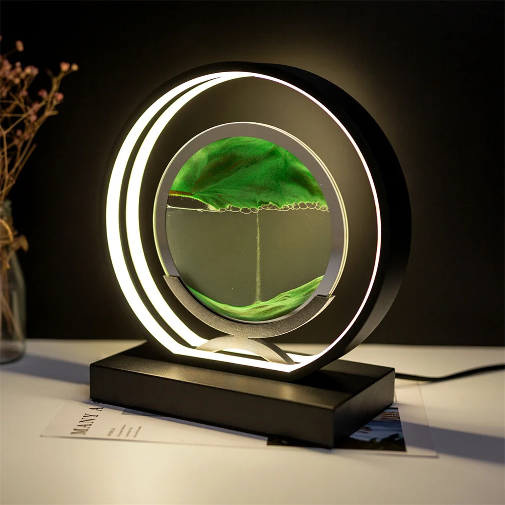 3D LED Moving Sand Art Imagem Lamp, Mobile Art, Luz Paisagem, Redondo, 360 ° Rotatable, cabeceira, Sands of Time, Lâmpada para Quarto