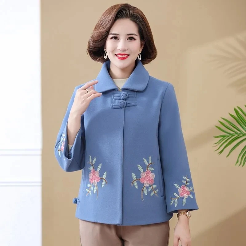 NEW Spring Autumn Mother Short Woolen Jacket Middle-Aged Elderly Women Elegant Embroidered Coat Casual Loose Wool Outwear L-5XL