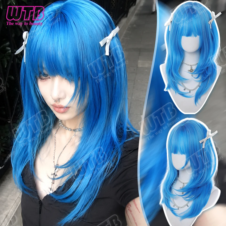 WTB Blue Layered Straight Synthetic Lolita Wig with Bangs Anime Cosplay Long Hair Wig for Halloween Costume Party